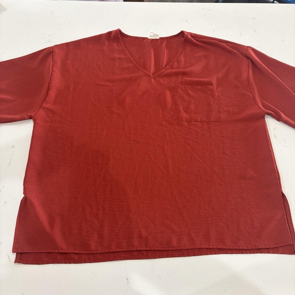 BiBi Womens Red XL V-Neck Relaxed Fit 3/4 Sleeve Rayon Blouse Pocket Top